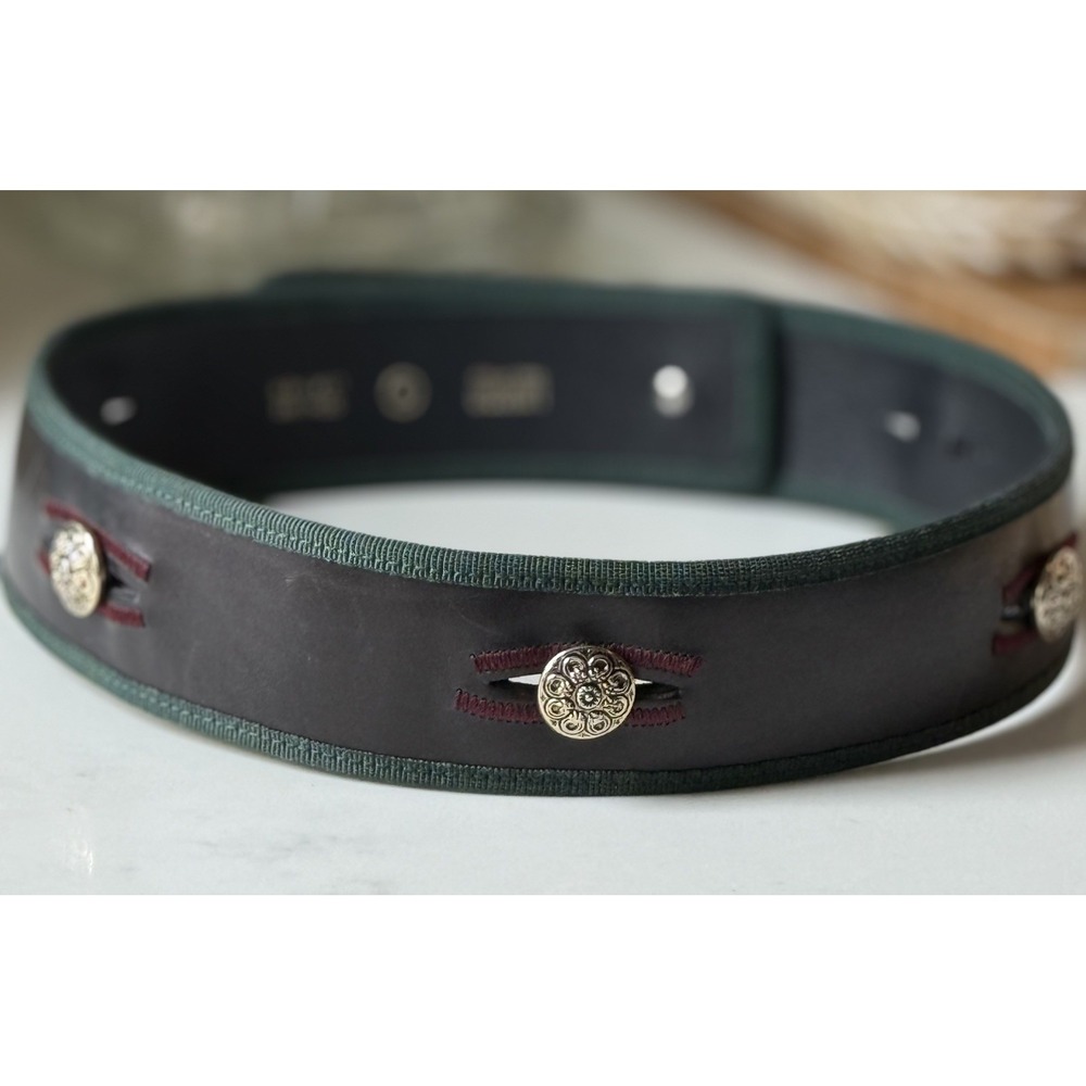 Vintage 80's I. Magnin Black Leather Waist Belt ITALY Silver Buttons Detail